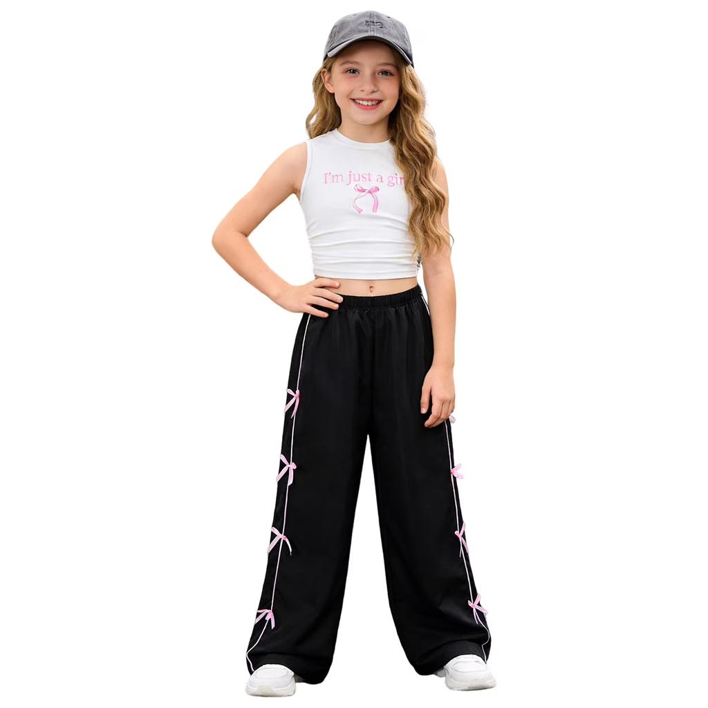 Girls Sleeveless Crop Top with Text Print and Wide Leg Pants Set Elastic Waistband Casual Two Piece Outfit for Kids