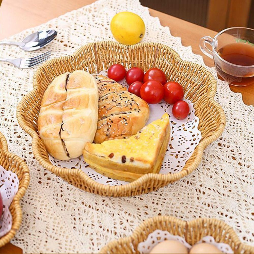Round Base Imitation Rattan Basket Flower Shape Woven Bread Plate Fruit Serving Tray Living Room