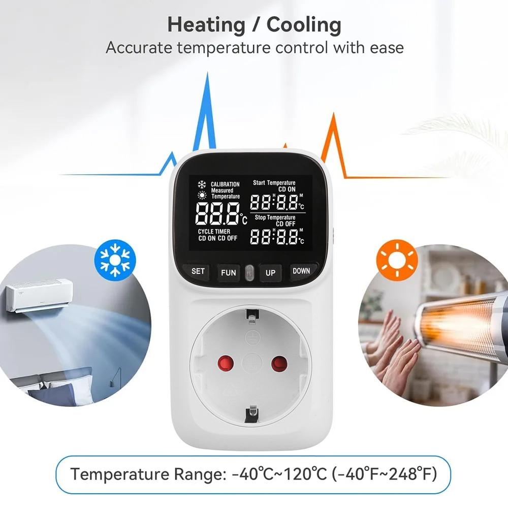 LCD Digital Thermostat 16A EU Plug Heating Cooling Temperature Controller Socket High-Precision Socket Outlet With Timer Sensor