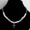 Diamond Cross Pearl Necklace ins Cold Wind Men Trendy Cool Personality Pendant Couple Chain Titanium Steel Necklace