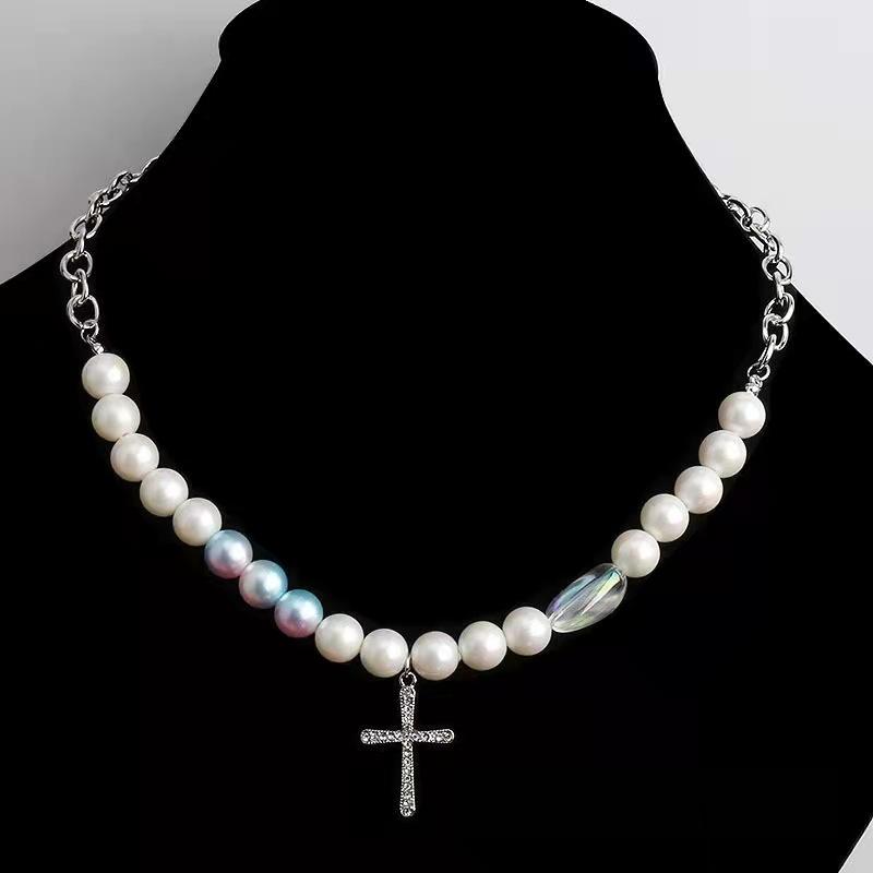 Diamond Cross Pearl Necklace ins Cold Wind Men Trendy Cool Personality Pendant Couple Chain Titanium Steel Necklace
