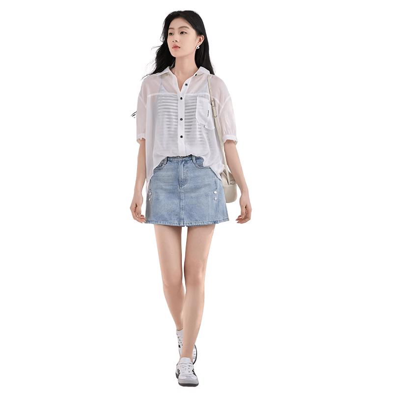 Xiangying Women s Loose White Short-Sleeved Lapel Shirt L
