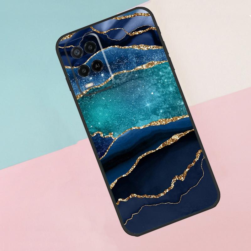 Gold Indigo Faux Malachite For Oppo A40 A60 A80 A18 A38 A58 A78 A98 A79 A16 A76 A96 A15 A74 A94 A54 A77 A17 Phone Case