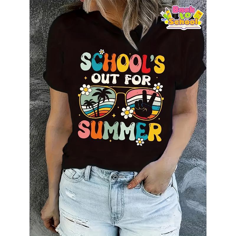 Women'S Summer Casual Crew Neck T-Shirt with Graphic Print, Short Sleeve Knit Polyester Top, Regular Length - School'S Out for Summer Design