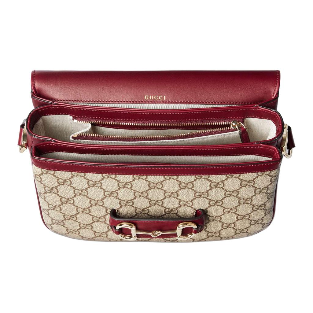 Gucci Horsebit 1955 Adjustable Shoulder Strap Flap Closure Canvas And Leather Crossbody Bag Women bags Beige Red 815178-FAD6M-8759