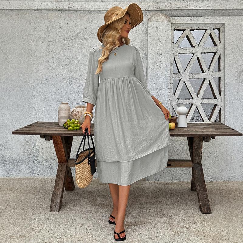 VEZFAA Women's Fashion Summer Spring Solid Color Print 1/2 Sleeves O-Neck Loose Waistline Casual Dresses