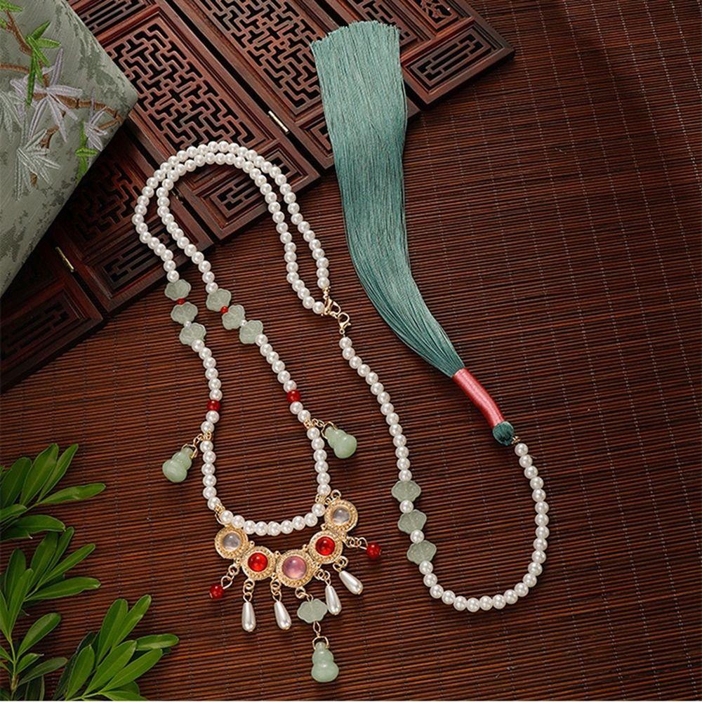 Chinese Style Horse Face Skirt Necklace Pearl Chinese Necklace Vintage Long Tassel Necklace  Women