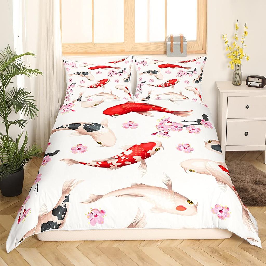 Koi Duvet Cover King Cherry Blossom Japanese Ukiyo-e Bedding Set Sakura Marine Animals Comforter Cover,Pink Romantic Quilt Cover