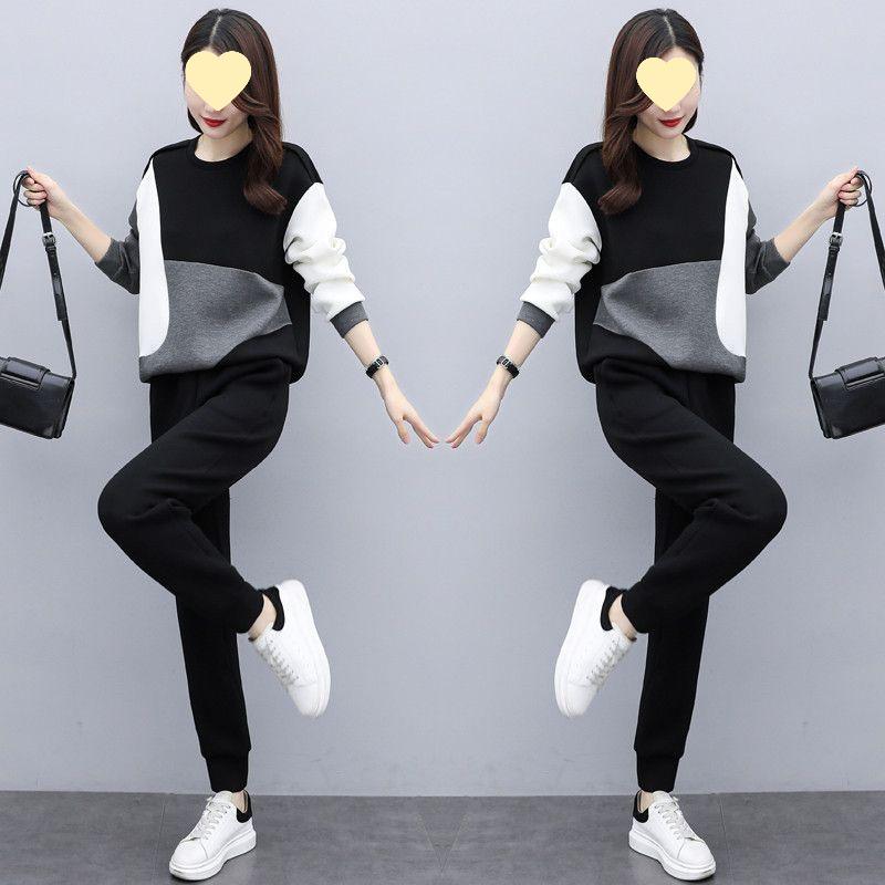 2025 Slimming Color Block Autumn Two-Piece Set - Women's Large Size Fashion