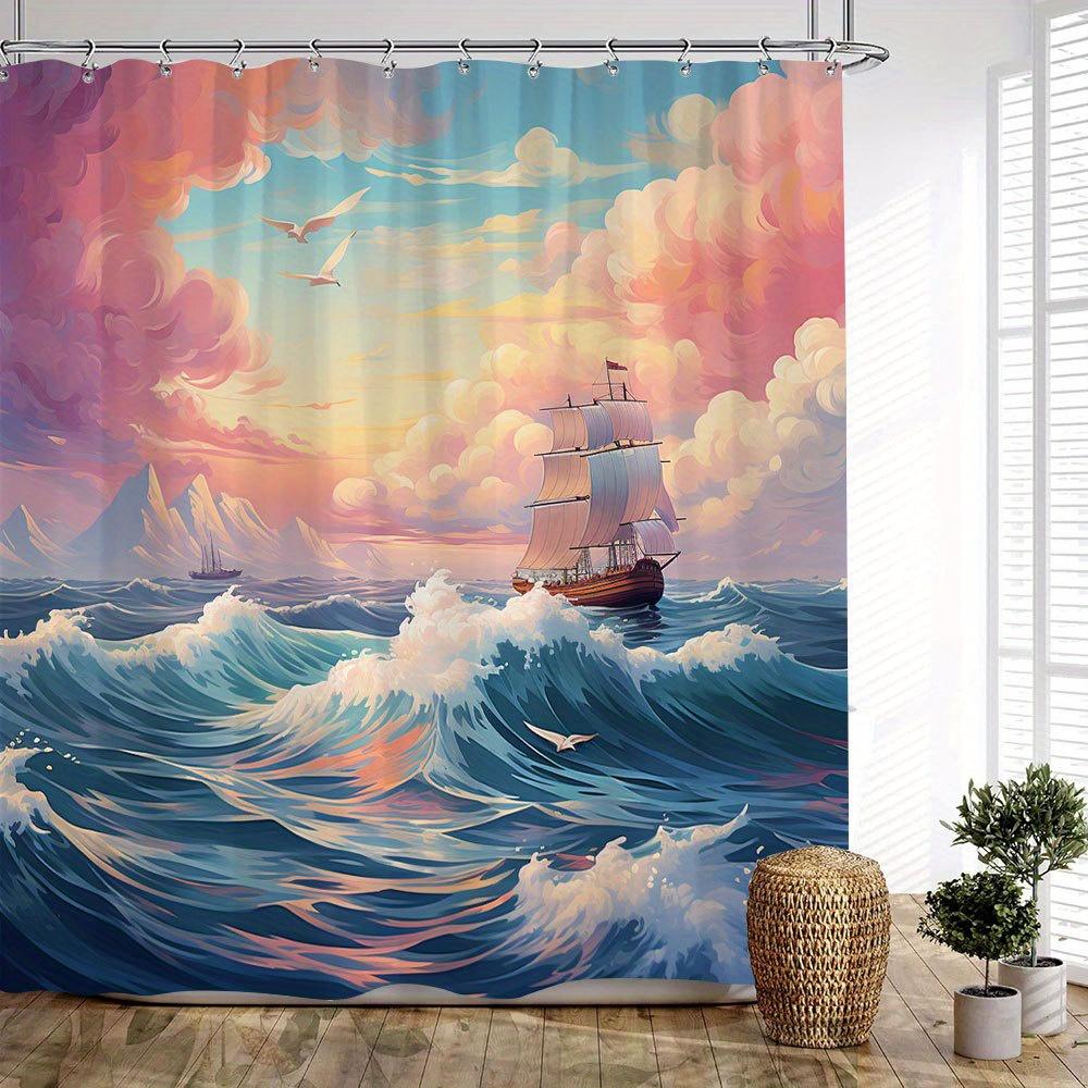 1Pc Extra Large Bath Curtain - Majestic Three-Masted Sailing Ship Sunset Ocean Seascape Design, Vibrant Pink Orange Blue Nautica