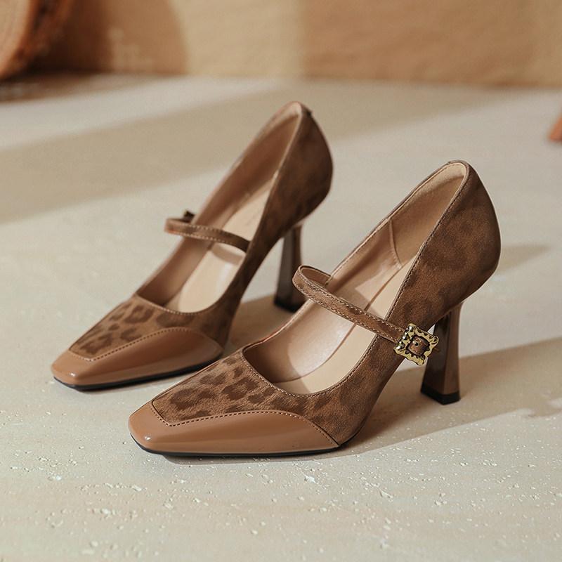 First encounter with leopard print royal sister brown high heels 2025 autumn new Hong Kong style single shoes with coat Mary