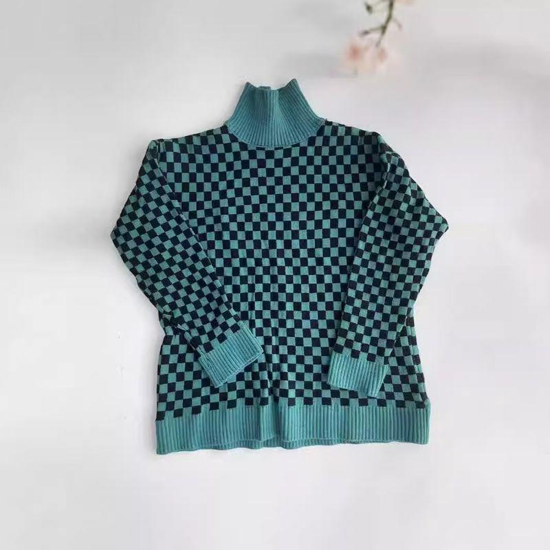 

European and American Autumn and Winter New Loose Knitting Color Matching Plaid Sweater High Neck Checked Sweater Green All yards