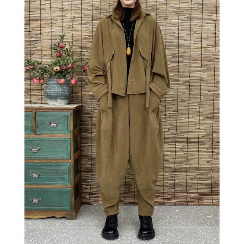Women's Retro 2025 Spring/Autumn Casual Two-Piece Set with Single-Breasted Coat and Loose Pants