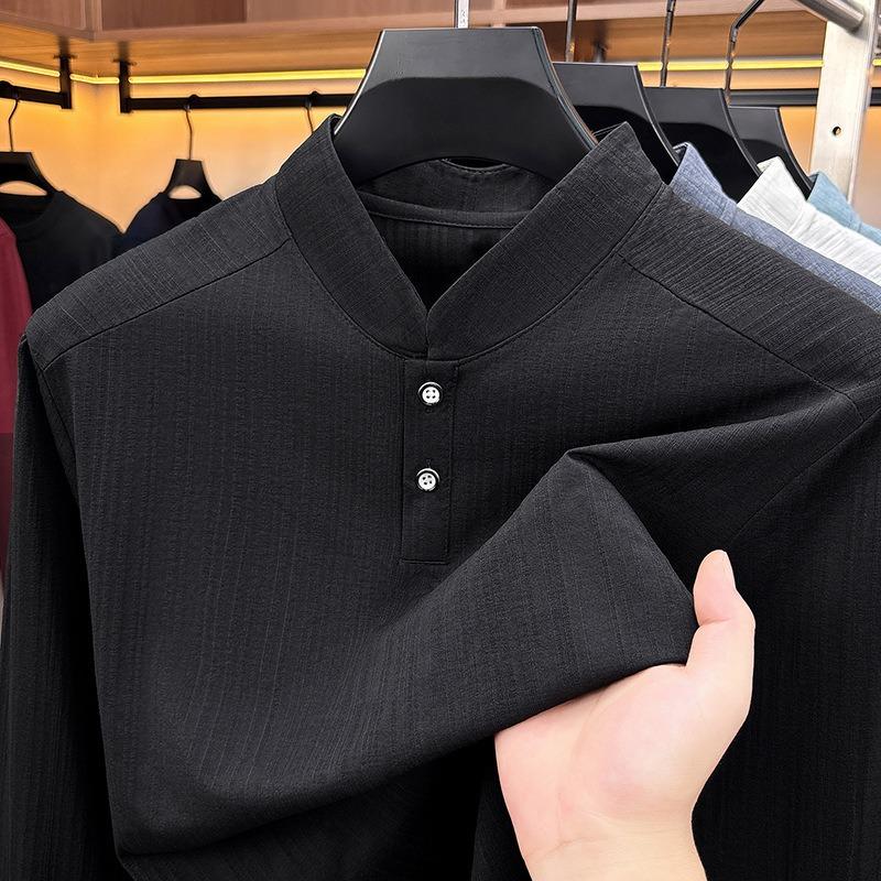 Men S Stand Collar Long Sleeve T Shirt Solid Color Casual Business Base Layer
