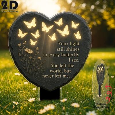 1PC Acrylic Heart Grave Decorations with Butterfly Flower Stake Memorial Cemetery Ornament for Outdoor Garden Tombstone