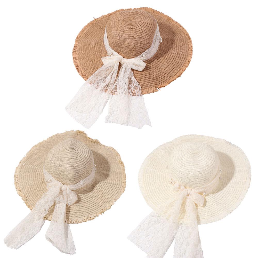 Spring Summer Lace Pearls Straw Hat French Style Women's Sun Hat Bow Ribbon Straw Hat Girls