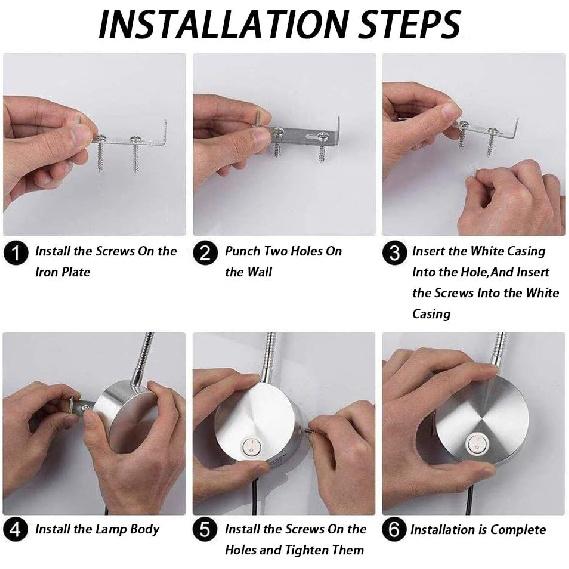 3W LED Bedside Reading Light Flexible Gooseneck Book Lamp Wall Mount Headboard Spotlight with Plug and On/off Switch for Working, Study, Art Display