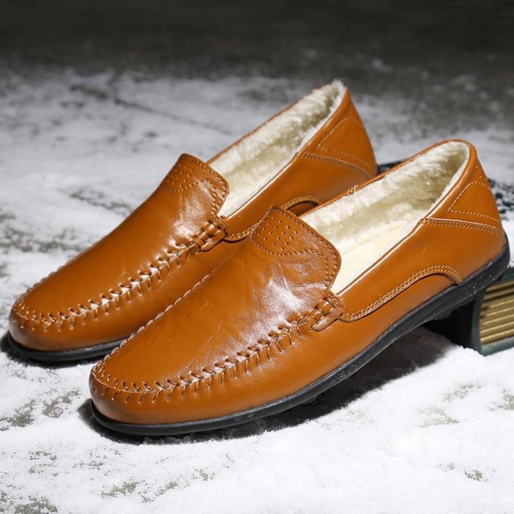 Premium Black Leather Men's Slip-On Loafers with Warm Lining - Autumn Winter Comfort for European Men | Big Sizes 44-47