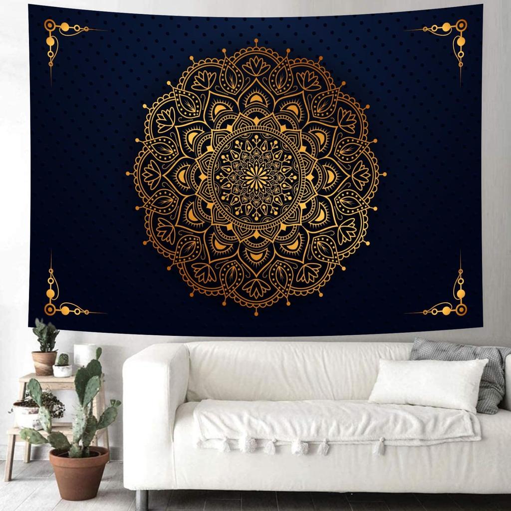 Aesthetic Boho Gold Floral Medallion Tapestry Wall Hanging Bohemian Wall Art Indian Hippie Psychedelic Headboard for Bedroom
