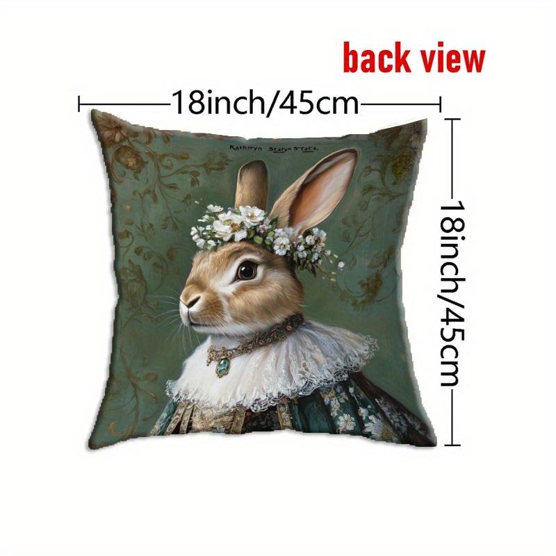 1Pc Royal Rabbit Portrait Pillow Cover, Polyester 2D Double-Sided Print, Vintage Floral Bunny Oil Painting Art, Animal Lover Hom
