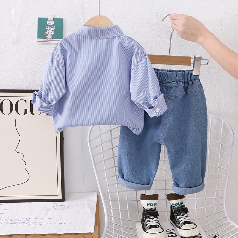 Children's Set Boys' Long Sleeved Striped Shirt Cartoon Dog Top Casual Denim Pants Boys' Fashionable Three Piece Set