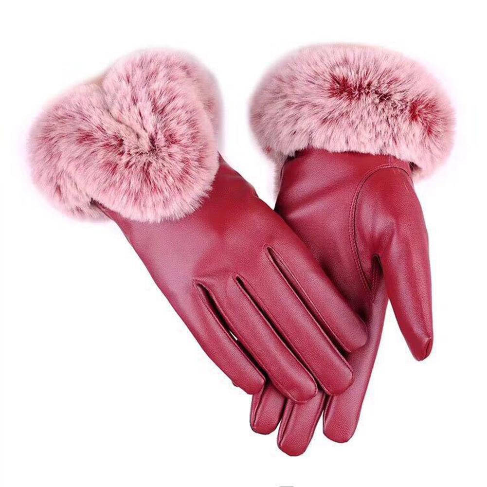 Women Winter Gloves Faux Rabbit Fur PU Leather Touch Screen Mittens Lady Female Outdoor Driving Warm Gloves