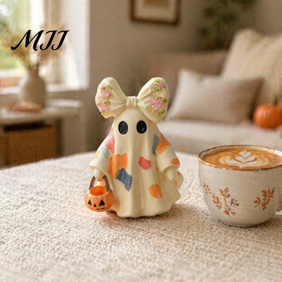 Portable Festive Table Centerpieces Halloween Bow Ghost Figurine Tabletop Ornament, Cute Resin Statue with Desktop Soft Decoration Items Pumpkin