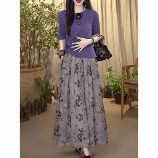 Chic Irregular Short Sleeve Top & Floral High Waist Midi Skirt Set