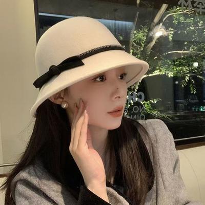 100% Wool French Hepburn Style Bow Top Hat Women's Autumn and Winter Small Brim Pot Hat Temperament High-end Bucket Hat