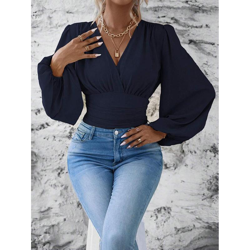 Wiosna Jesień Casualowy Damski Top Modny Kolekcja Talii Seksowny Dekolt V Rękaw Torba Jednolity Kolor Zmarszczony Top z Długim Rękawem