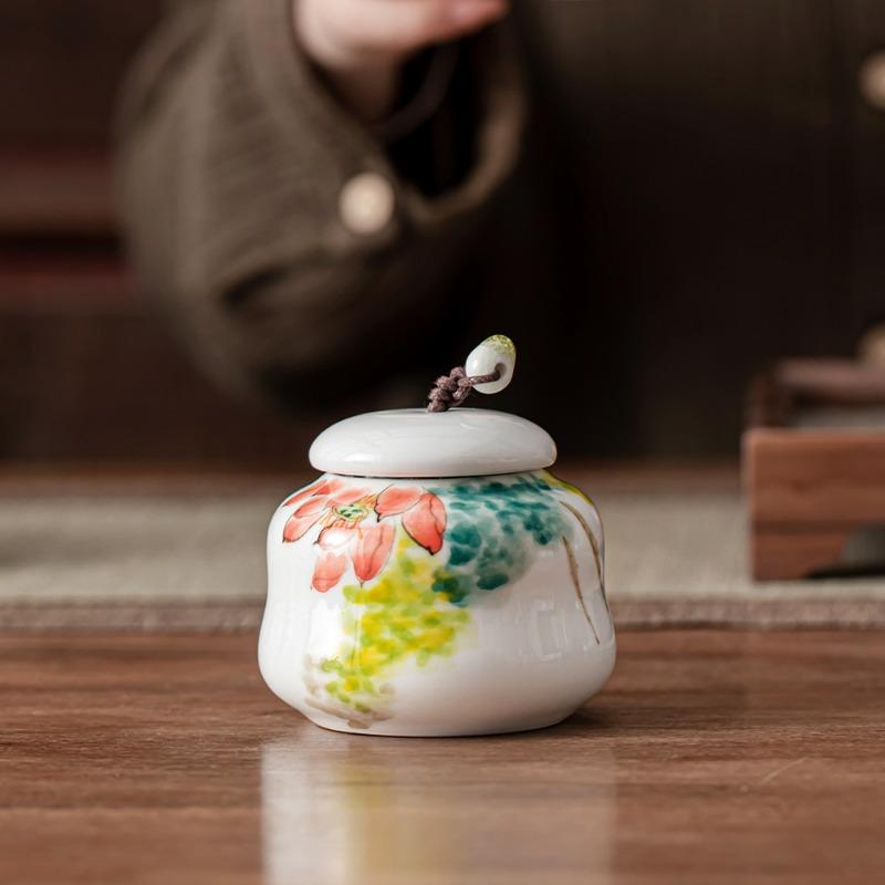 Creative Ceramic Tea Caddy with Landscape and Floral Design Sealed Jar Multi-Functional Storage for Candy Nuts and Coffee Beans