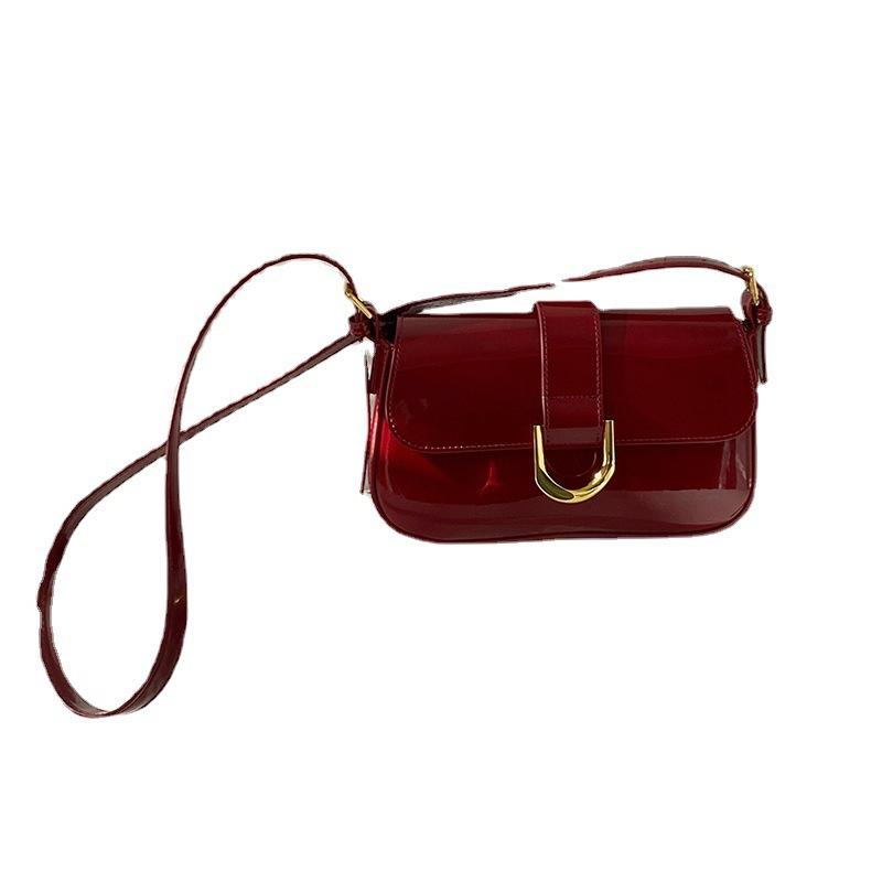 Premium Textured Bag Leather Shiny Retro Burgundy Horseshoe Buckle Fashionable Armpit Bag One Shoulder Crossbody Bag