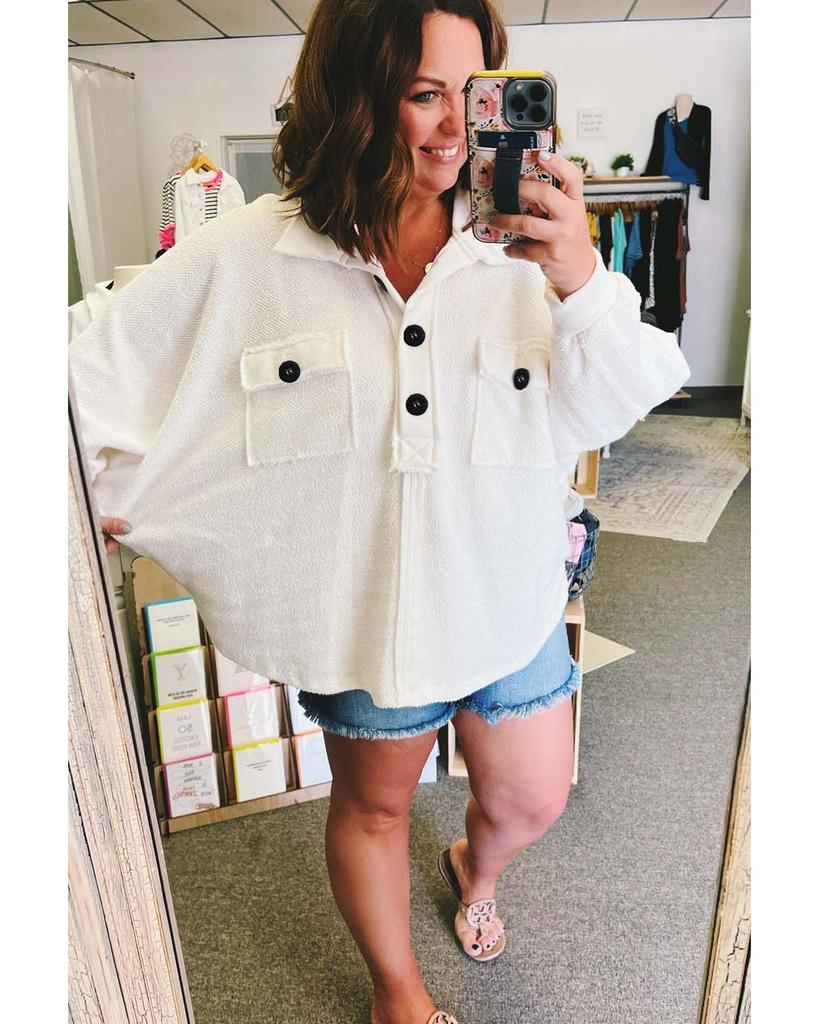 Azura Exchange White Plus Size Long Sleeve Flap Pocket Henley Top