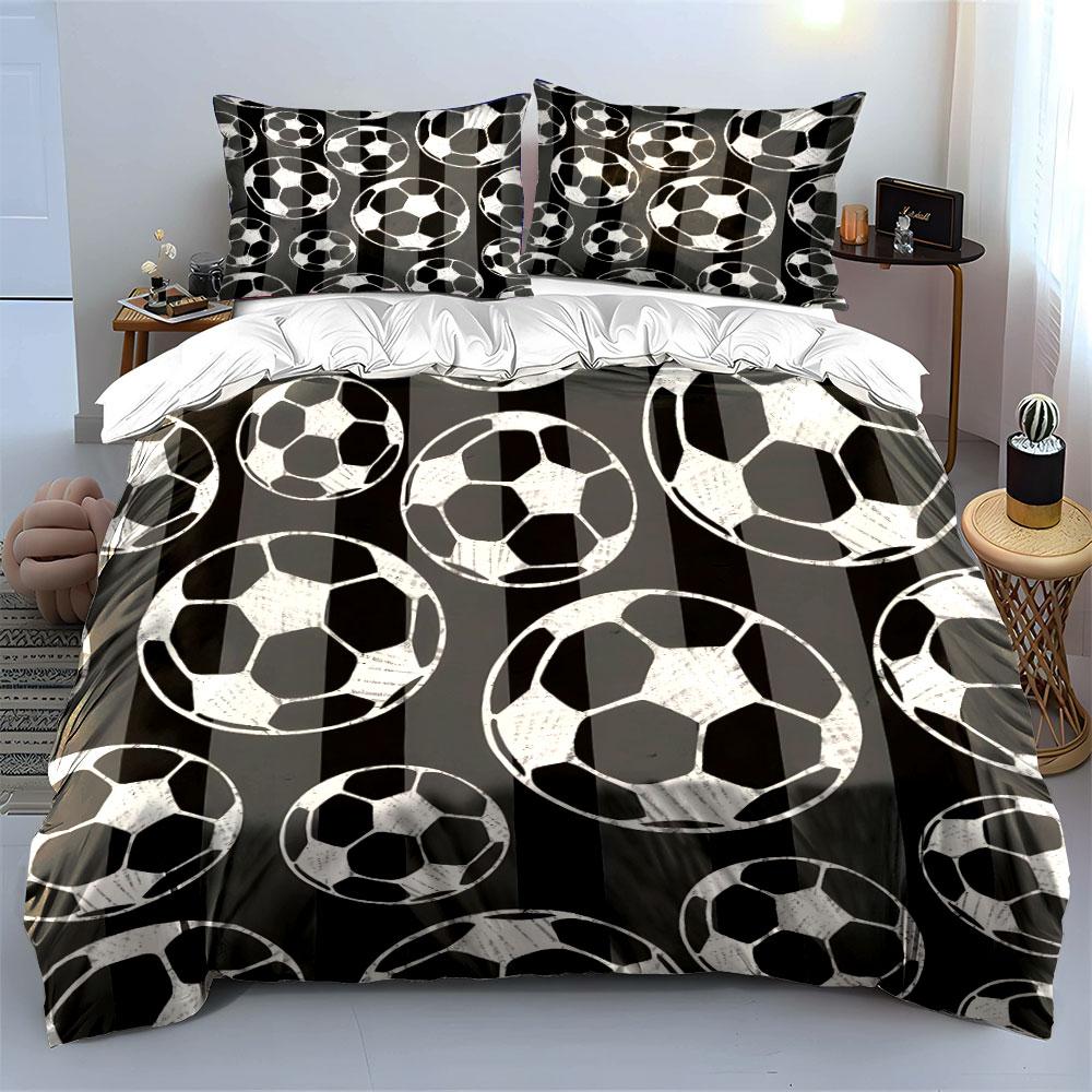 Vintage Soccer Ball Bedding Set, Distressed Football Pattern Print Duvet Cover + 2 Pillowcases, Retro Sports Decor