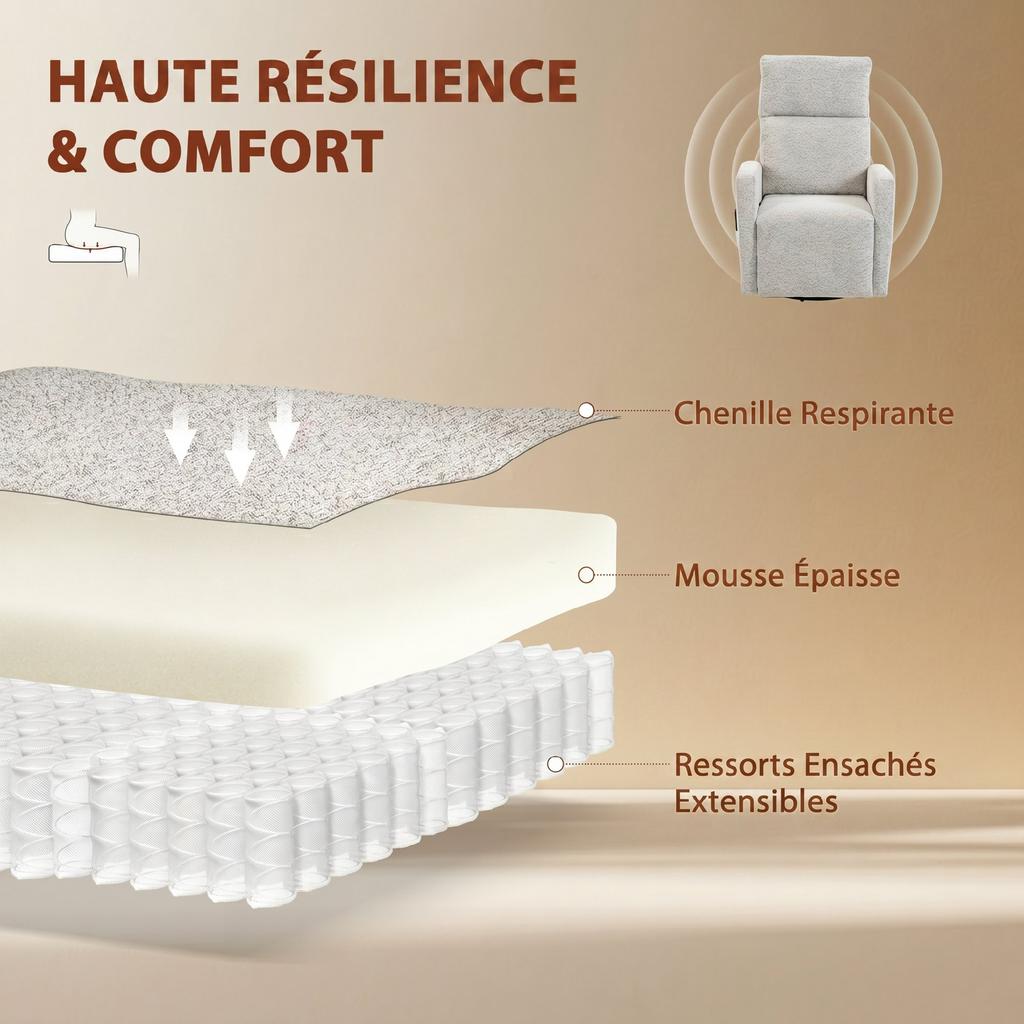 Reclining Massage and Heating Chair, Chenille, 360 Swivel, Cream