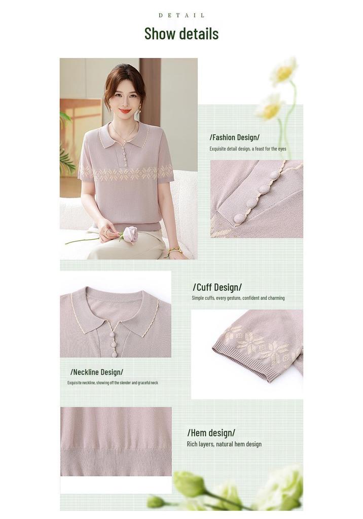 Mom's Stylish Ice Silk Lapel T-shirt - Summer Short-Sleeve, 50s/60s Retro Style for Middle-Aged Women (2026)