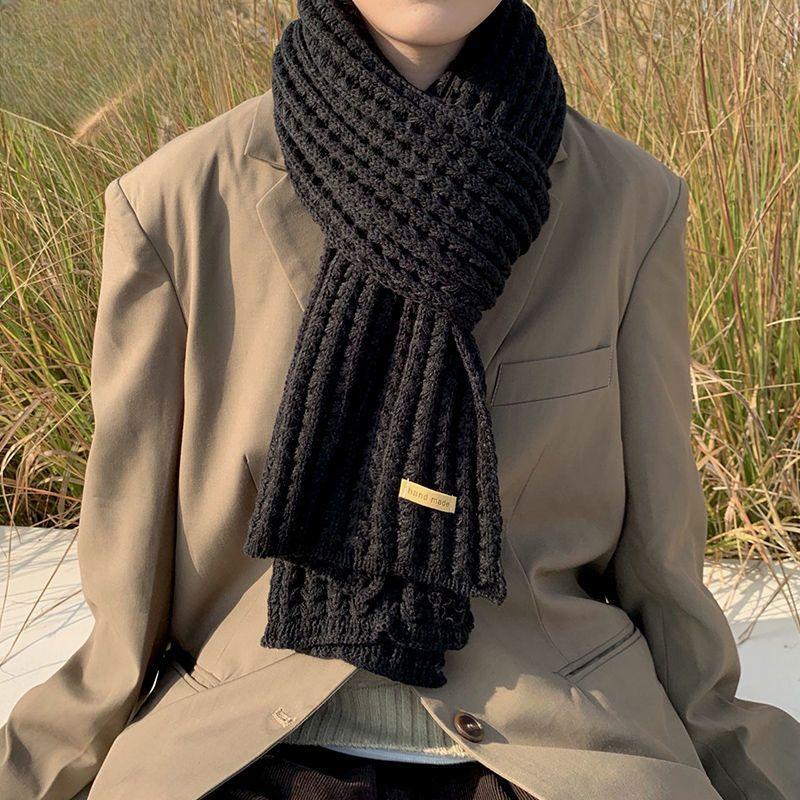 Versatile Men's Black Knitted Scarf Winter Korean Style Thickened Warm Autumn Winter Neck Warmer