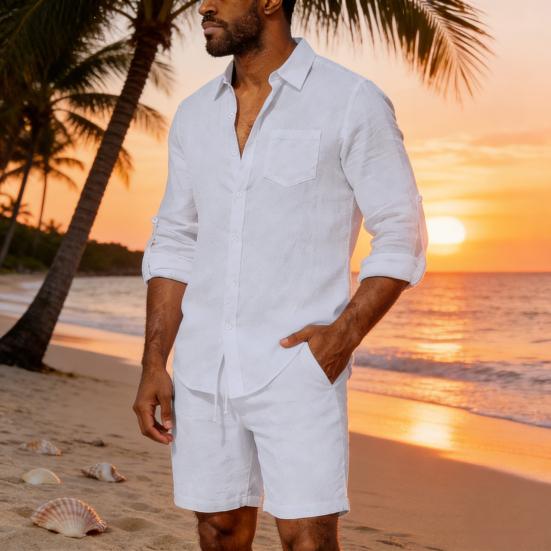 Men Long Sleeve Shirt Turndown Collar Button-Down Shirt Loose Fit Solid Color Shirt for Summer Beach Vacation Travel