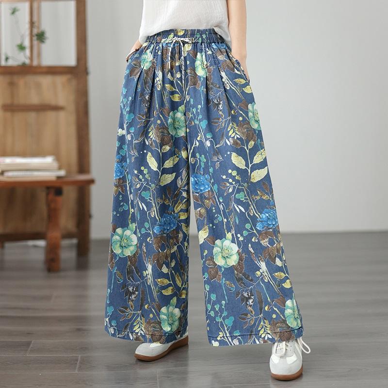 plus size Vintage floral high waist casual loose long Women Spring summer autumn jeans denim wide leg Pants