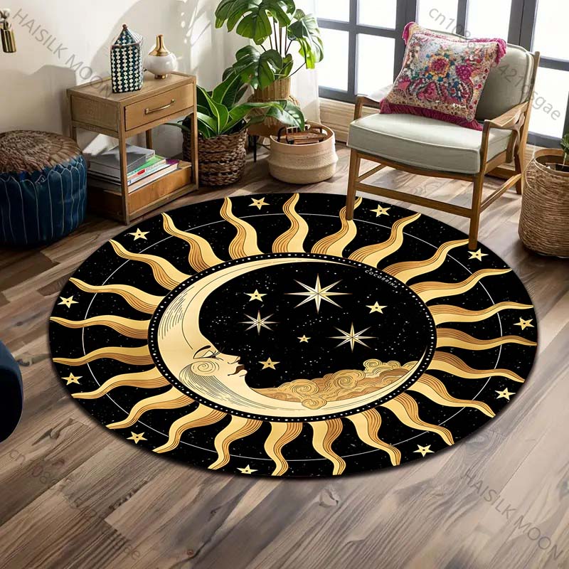 Multiple Sizes Retro Sun and Moon Mandala Art Print Round Carpet Living Room Bedroom Table Chair Sofa Decorative Carpet