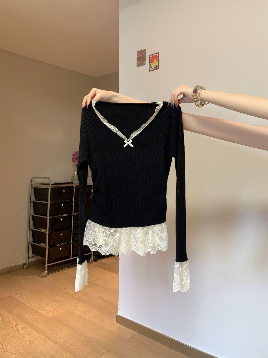 

Lace Patchwork V-Neck Commuter Shirt: Women s Long Sleeve Slim Fit Top for Autumn/Winter S чёрный