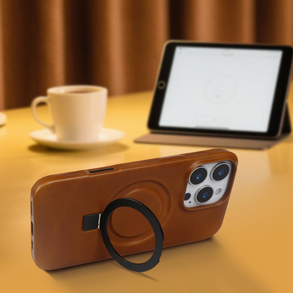 Stand Bracket Genuine Leather Case For iphone 16 Pro Max 16e 15pro 14 13 12 11 Full Wrapped Phone Cases Cover+Magnetic Holder