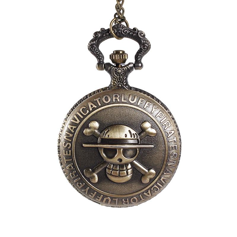 Cartoon Anime Theme Pirates Skull Pattern Quartz Pocket Watch Vintage with Pendant Necklace Men's and Children's Gift