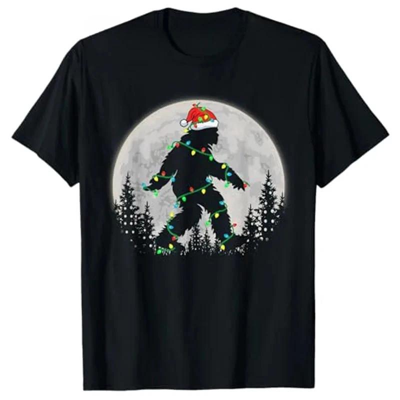 Bigfoot Santa Christmas Tree Lights Printed Funny Xmas Sasquatch Tshirt Unisex Fashion Graphic Outfit Tshirt Casual Clothing