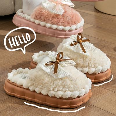 Women Winter Toe Wrap Warm Bows Cotton Slippers Thick Soft Sole Slides Female Indoor Thick Soles Non-slip Plush Shoes