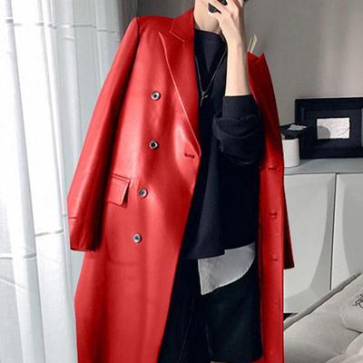 Herfst- en winterwarme leren jas Middellange windjack Oversized jassen met dubbele rij knopen