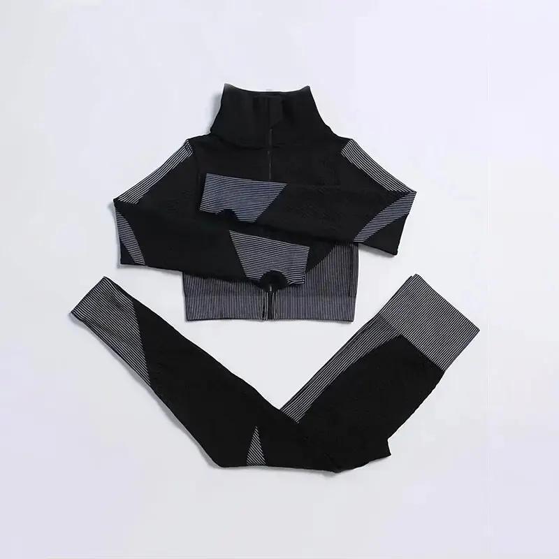 Women's Fitness 3-Piece Breathable Long-Sleeved Jacket Hollowed-Out Sports Bra High-Waisted Leggings Sports Yoga Suit