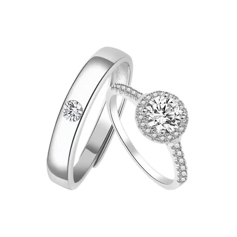 Sterling Silver Platinum-Plated Gold Diamond Inlaid Unisex Matching Rings - Light Luxury High-End Open Design