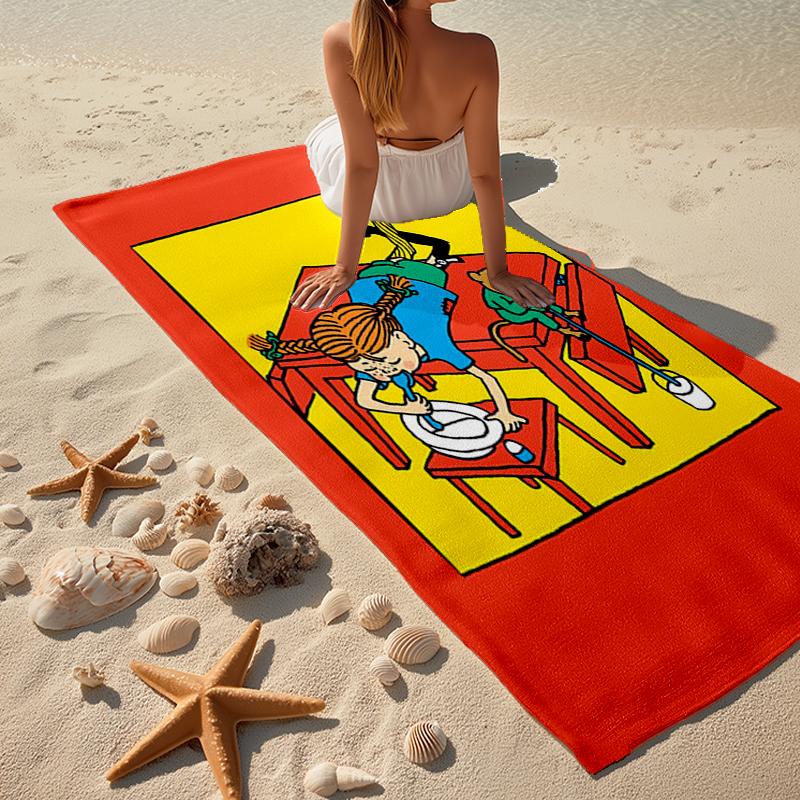 Ultrazachte Strandhanddoek met Pippi Langkous Thema, Ideaal voor Zwembad - Kamperen, Duiken - Perfecte Reis Essentieel, Levendige Strandhanddoek.