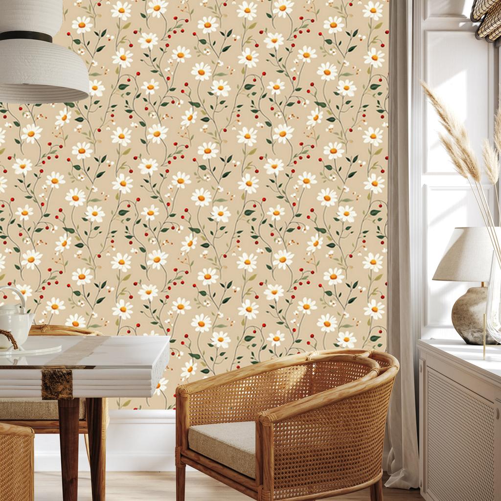 Daisy Wallpaper Beige, Cream and White for Living Room and Bedroom 50x1000